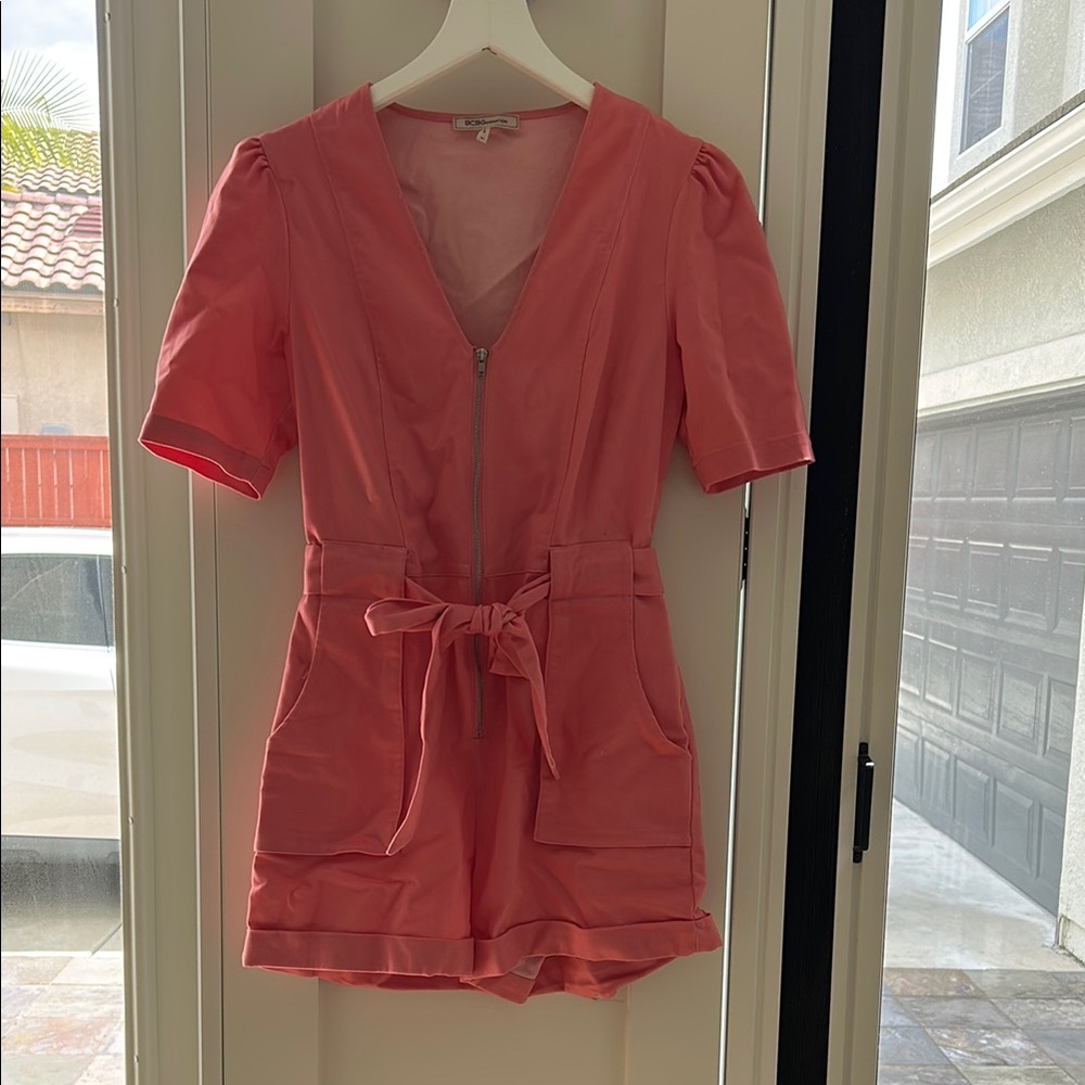 Coral Short Sleeve Romper with Tie Waist